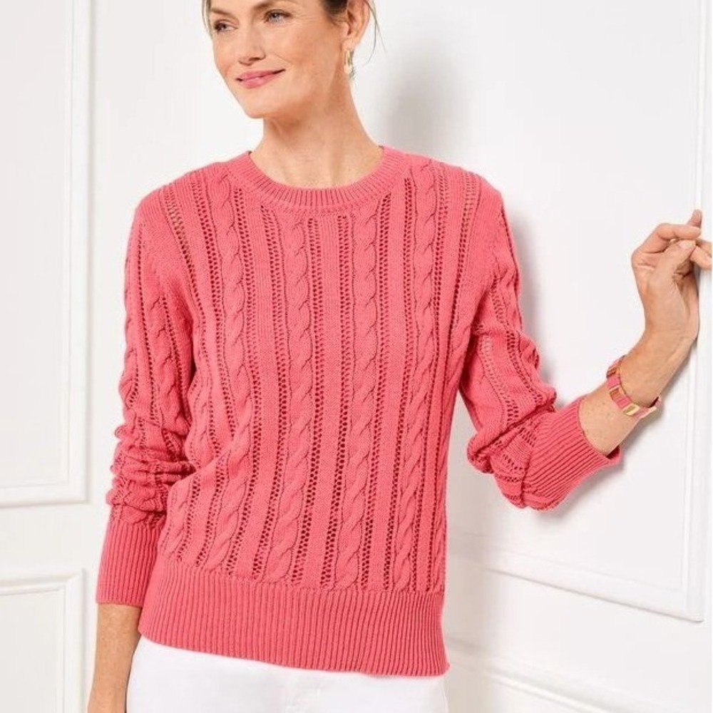 Talbots Cable Knit Sweater Womens SP Pink Pointelle Cotton Petite Long Sleeve
